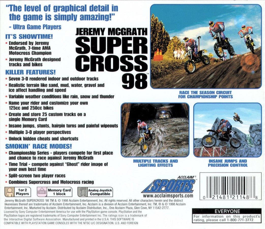 Jeremy McGrath Supercross 98 PlayStation PS1 for motocross racing video game fans featuring off road motorcycle racing realistic supercross tracks high speed competition championship modes trick riding authentic motocross action multiplayer gameplay collectible gaming appeal back cover art