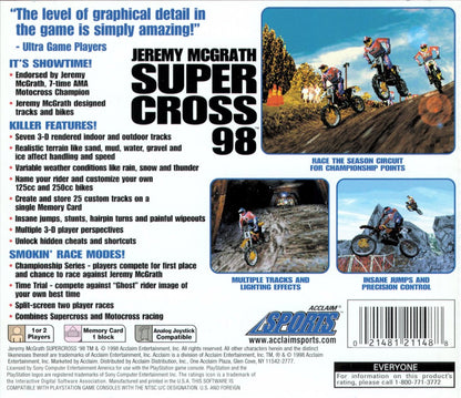 Jeremy McGrath Supercross 98 PlayStation PS1 for motocross racing video game fans featuring off road motorcycle racing realistic supercross tracks high speed competition championship modes trick riding authentic motocross action multiplayer gameplay collectible gaming appeal back cover art