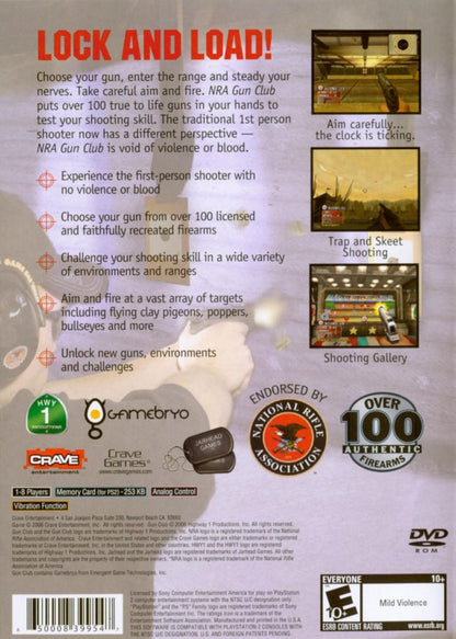 NRA Gun Club – PlayStation 2 (PS2) video game back of case, first-person shooting sports simulation game.