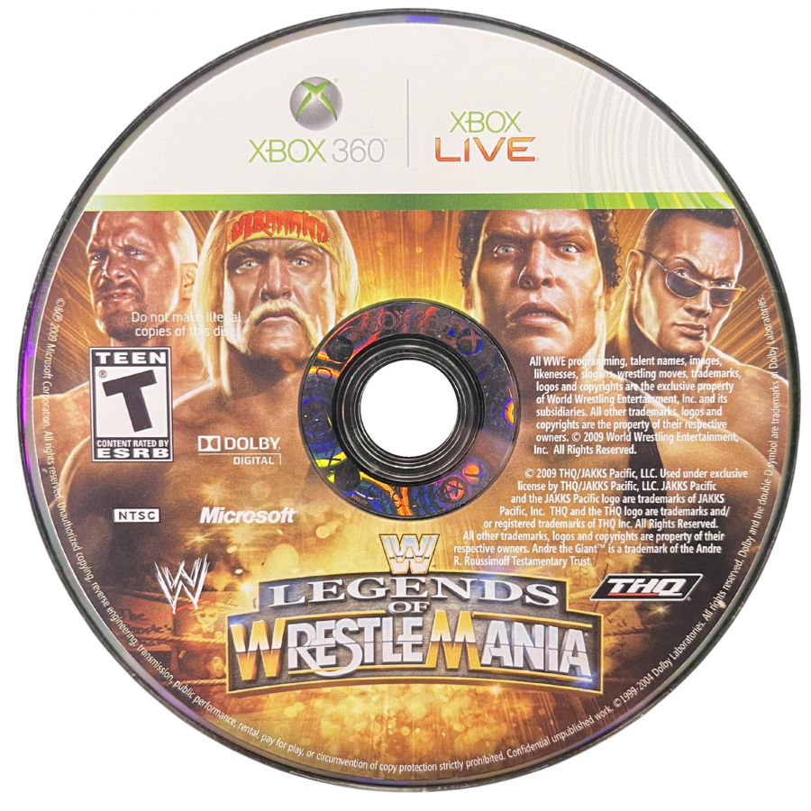 WWE Legends of WrestleMania Xbox 360 wrestling arcade game classic roster Hulk Hogan Andre the Giant Stone Cold The Rock relive historic WrestleMania moments disc art
