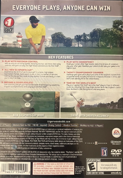 Tiger Woods PGA Tour 09 – PlayStation 2 (PS2) video game back of case, golf sports simulation.