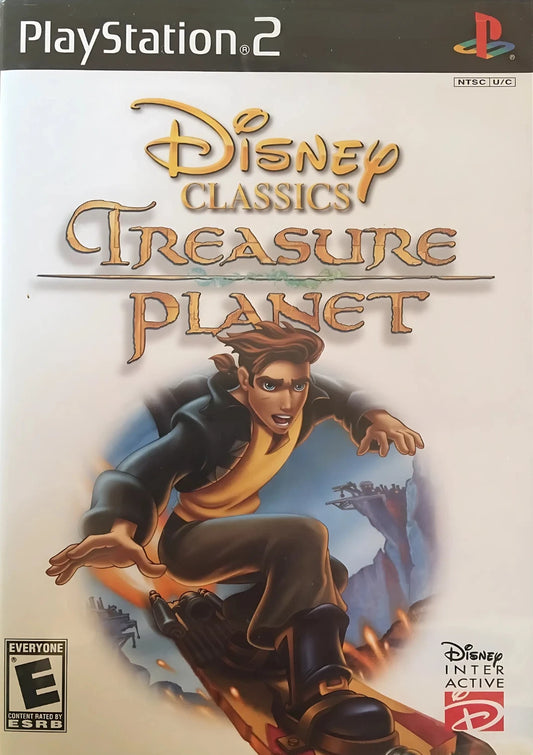 Disney Treasure Planet PlayStation 2 PS2 action-adventure platformer video game based on the animated film Treasure Planet Jim Hawkins John Silver Silver cyborg morph creature solar surfing adventure space pirate battles gadgets puzzles planet exploration hand-drawn cel-shaded visuals Sony Disney Interactive Buena Vista Games licensed tie-in front cover
