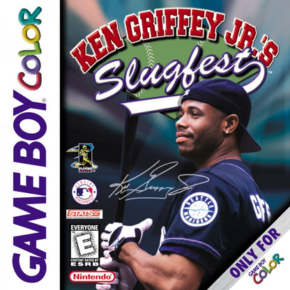 Ken Griffey Jr.'s Slugfest Game Boy Color GBC for baseball sports video game fans featuring Major League Baseball action Ken Griffey Jr gameplay batting pitching fielding base running home runs and fast paced portable baseball gameplay collectible gaming appeal front cover art