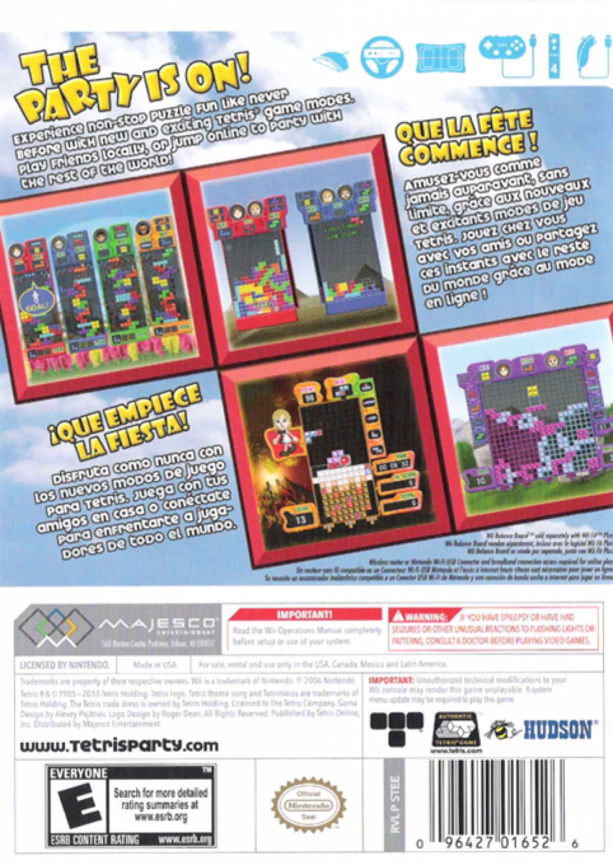 Tetris Party Deluxe for Nintendo Wii, back of case for a puzzle video game with classic block-stacking gameplay, party modes, multiplayer challenges, and family-friendly arcade fun