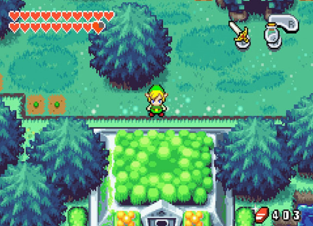 The Legend of Zelda The Minish Cap Game Boy Advance gameplay for retro video game featuring action adventure gameplay, top down exploration, magical shrinking mechanic, puzzle solving dungeons, fantasy world Hyrule quests, and classic portable Zelda adventure on GBA system