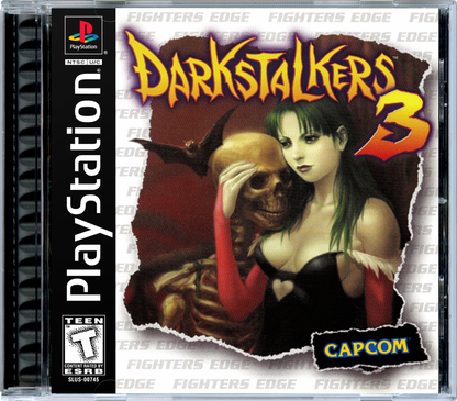 Cover art for Darkstalkers 3 PlayStation 1 game featuring fast-paced 2D fighting gameplay with iconic Capcom characters