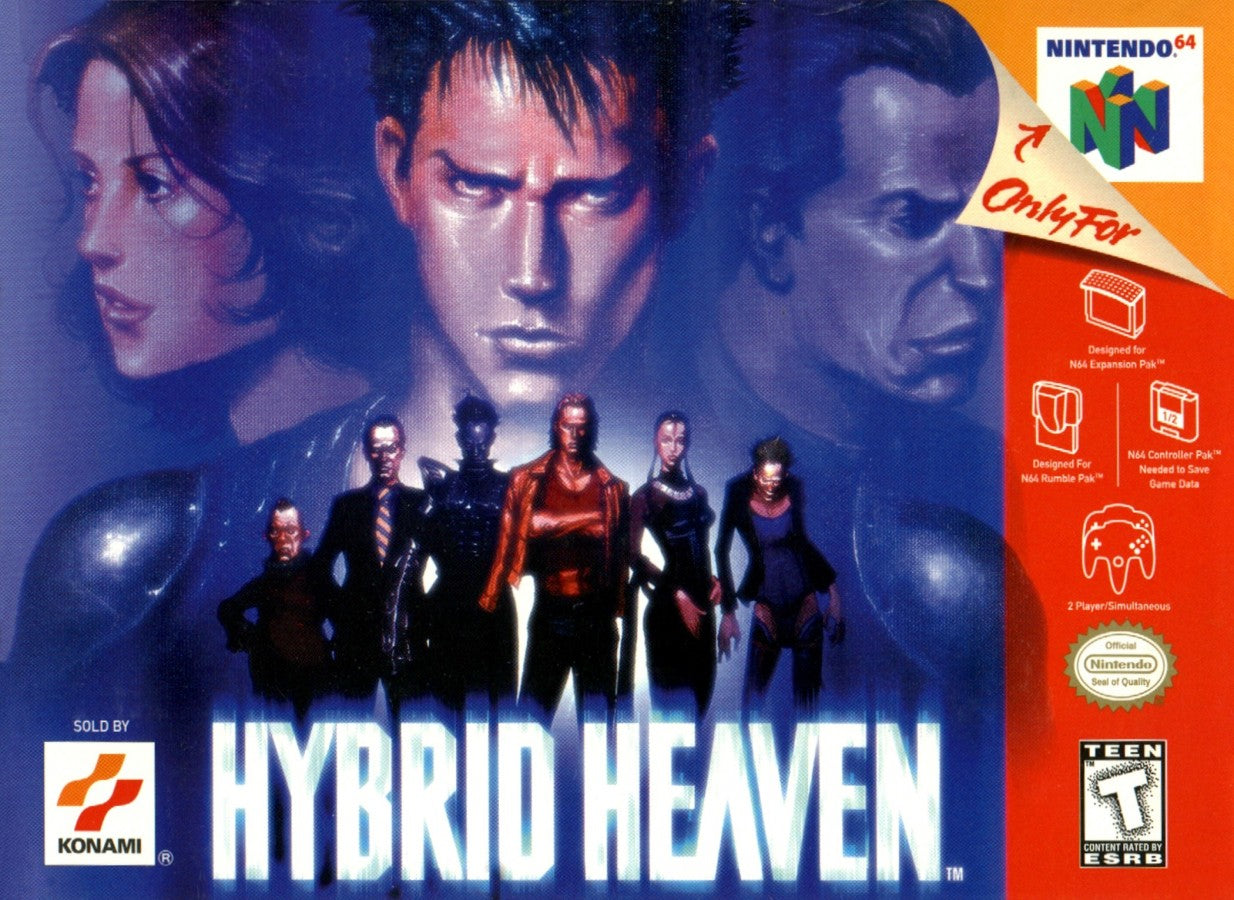 Hybrid Heaven Nintendo 64 N64 for sci fi role playing fighting video game fans featuring alien environments hybrid enemies wrestling style combat turn based battles exploration character progression special attacks futuristic story and classic Nintendo 64 gameplay collectible retro gaming appeal front cover art