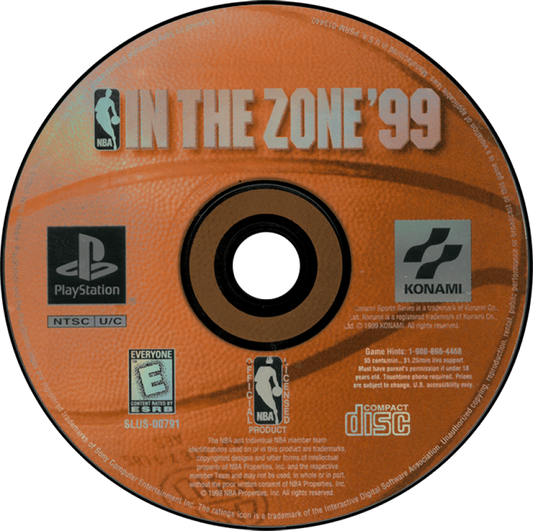 NBA In the Zone 99 disc art for PlayStation 1 (PS1) video game, basketball sports action, classic arcade-style gameplay, retro Sony console title
