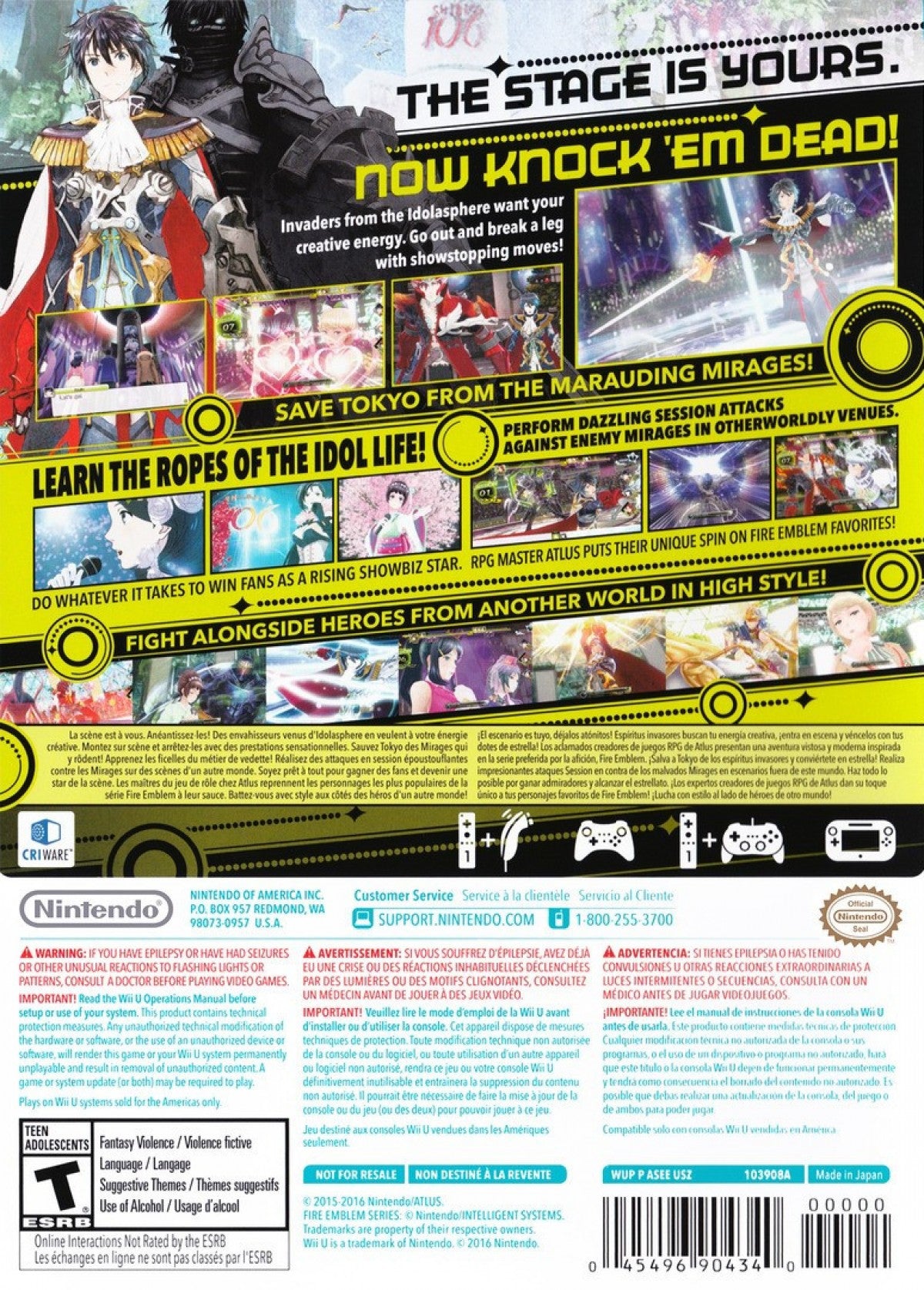 Tokyo Mirage Sessions #FE game for the Nintendo Wii U featuring Japanese RPG gameplay with turn based combat idol themed storytelling and a crossover between the Shin Megami Tensei and Fire Emblem series set in modern day Tokyo back cover