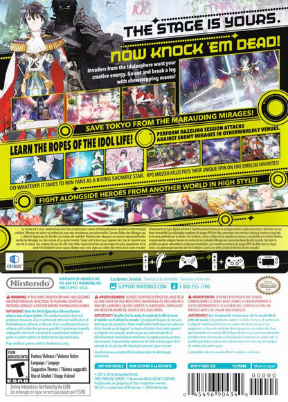 Tokyo Mirage Sessions #FE game for the Nintendo Wii U featuring Japanese RPG gameplay with turn based combat idol themed storytelling and a crossover between the Shin Megami Tensei and Fire Emblem series set in modern day Tokyo back cover