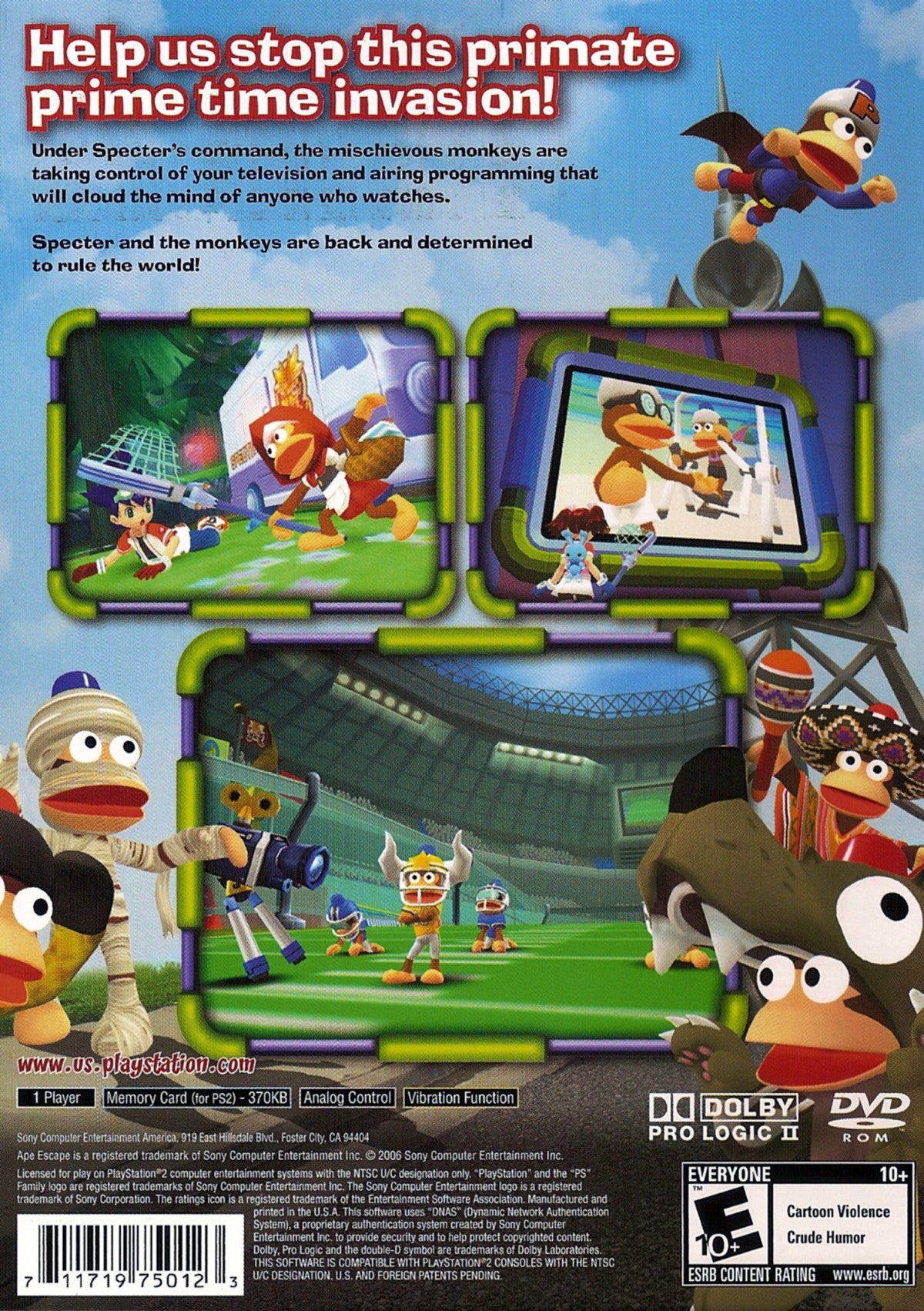 Ape Escape 3 PlayStation 2 platformer adventure game TV studio monkey capture Specter villain twin heroes Kei and Yumi transformation morphing abilities cowboy ninja knight gadgets net stun club vehicles tank sports car smarter monkey AI weapon stealing unlockable Mesal Gear Solid mini-game parody back cover