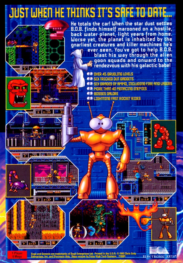 B.O.B. Sega Genesis retro video game action platformer back of case (1993)