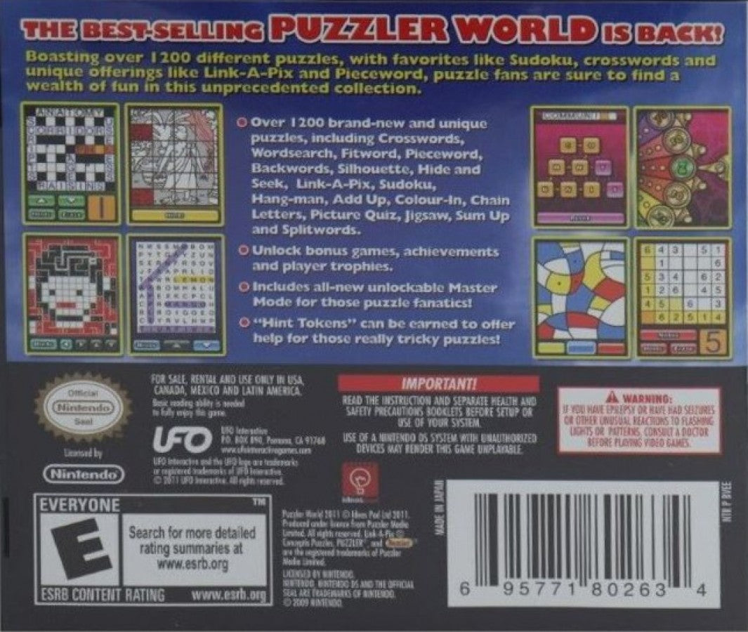 Puzzler World 2 back of case for Nintendo DS (DS) puzzle mini-game collection video game