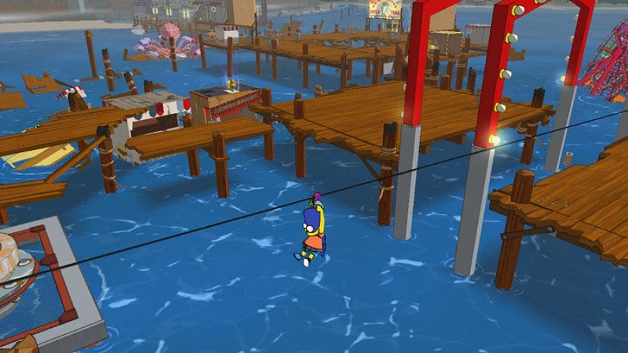 The Simpsons Game gameplay for Nintendo Wii (Wii) featuring comedic action‑adventure gameplay with Homer, Bart, Lisa, and Marge, parodying popular video games in Springfield