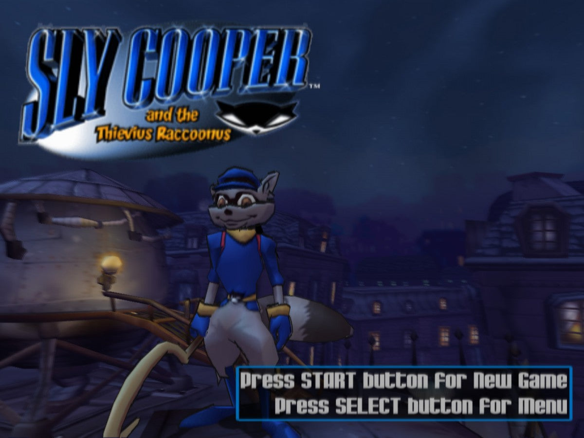 Sly Cooper and the Thievius Raccoonus [Greatest Hits] for PlayStation 2 (PS2) featuring a stylish stealth platforming adventure where master thief Sly and the Cooper Gang pull off heists across the globe; sneak fight and platform through episodic missions with a classic cartoon look in this Greatest Hits edition main menu title screen