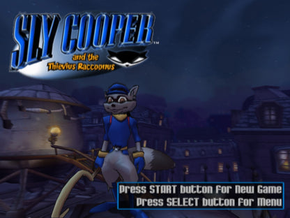 Sly Cooper and the Thievius Raccoonus [Greatest Hits] for PlayStation 2 (PS2) featuring a stylish stealth platforming adventure where master thief Sly and the Cooper Gang pull off heists across the globe; sneak fight and platform through episodic missions with a classic cartoon look in this Greatest Hits edition main menu title screen