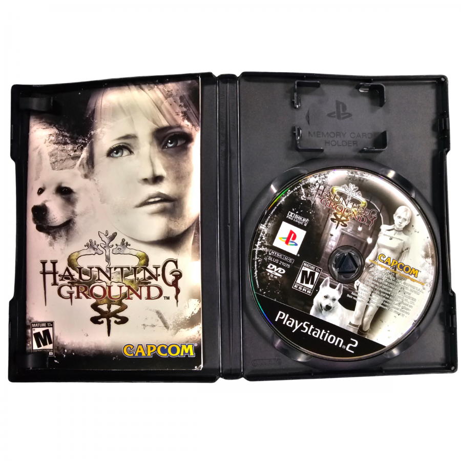 Haunting Ground PlayStation 2 PS2 survival horror video game featuring Fiona Belli exploration of a mysterious castle stealth gameplay puzzle solving terrifying enemies survival mechanics companion dog Hewie atmospheric environments and classic PlayStation 2 PS2 gameplay collectible retro gaming appeal inside box