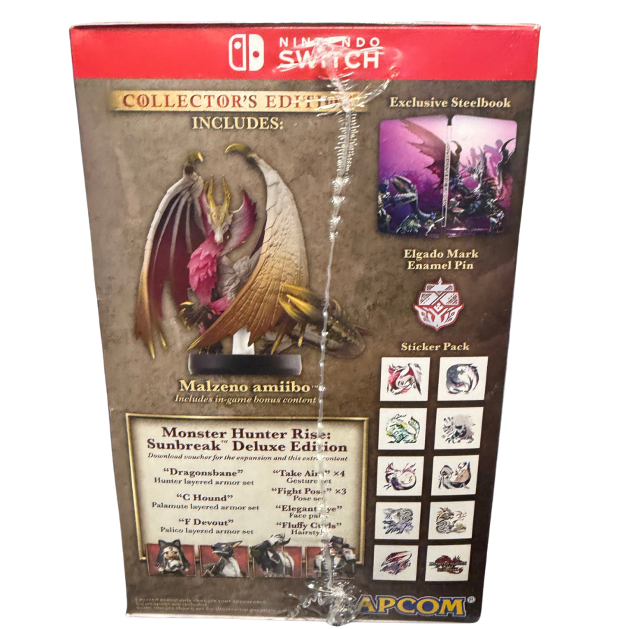Monster Hunter Rise Sunbreak Collector's Edition Nintendo Switch NS factory sealed video game bundle featuring intense monster hunting action expansive fantasy environments challenging hunts weapon and armor customization cooperative multiplayer gameplay exclusive collector's edition contents and included Monster Hunter Amiibo figures collectible Nintendo gaming appeal