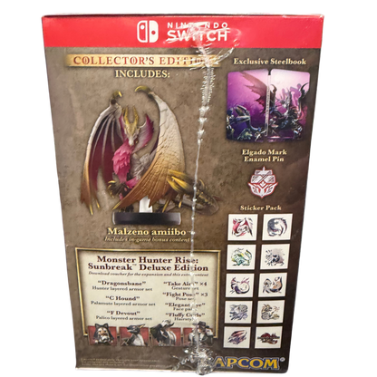 Monster Hunter Rise Sunbreak Collector's Edition Nintendo Switch NS factory sealed video game bundle featuring intense monster hunting action expansive fantasy environments challenging hunts weapon and armor customization cooperative multiplayer gameplay exclusive collector's edition contents and included Monster Hunter Amiibo figures collectible Nintendo gaming appeal