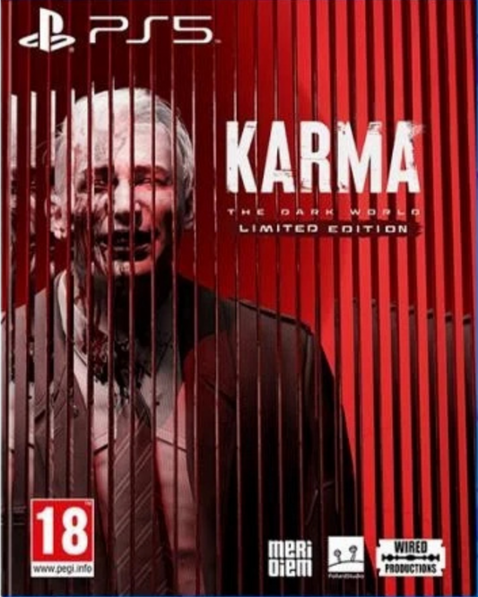 Karma: The Dark World [Limited Edition][Import] for PlayStation 5 (PS5) at Gamers INC, featuring a psychological first-person horror experience in a dystopian 1984 where you dive into the memories of suspects to uncover dark secrets and navigate a surreal, mind-bending reality within the Bureau of Thought front cover