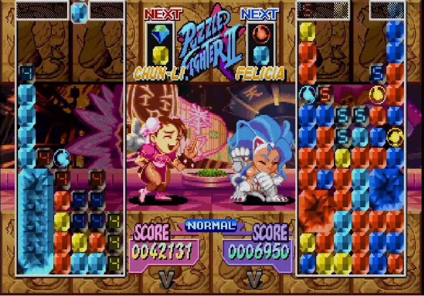 Super Puzzle Fighter II [CIB] for Game Boy Advance (GBA) featuring fast competitive gem dropping puzzle battles with chibi versions of Capcom fighters; chain combos send counter gems and outsmart opponents in this addictive complete in box arcade style classic gameplay screenshot