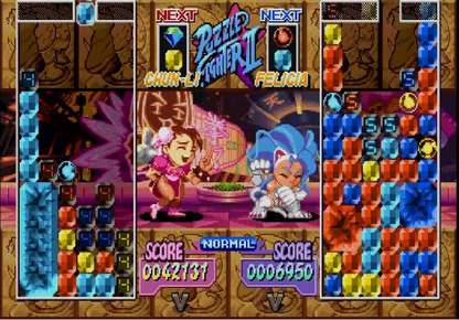 Super Puzzle Fighter II [CIB] for Game Boy Advance (GBA) featuring fast competitive gem dropping puzzle battles with chibi versions of Capcom fighters; chain combos send counter gems and outsmart opponents in this addictive complete in box arcade style classic gameplay screenshot