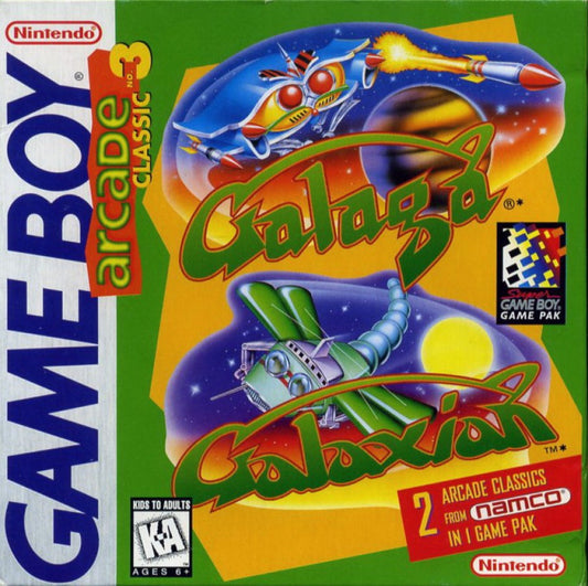 Arcade Classic 3 Galaga and Galaxian Game Boy video game, classic arcade shooter compilation, retro handheld console title game cover 