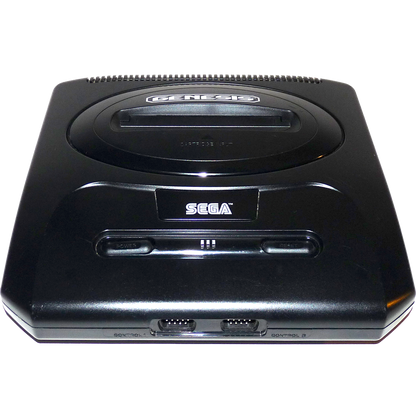 Top front view of a Sega Genesis Model 2 console showing the cartridge slot, power and reset buttons, controller ports, and logo from a slightly angled perspective.