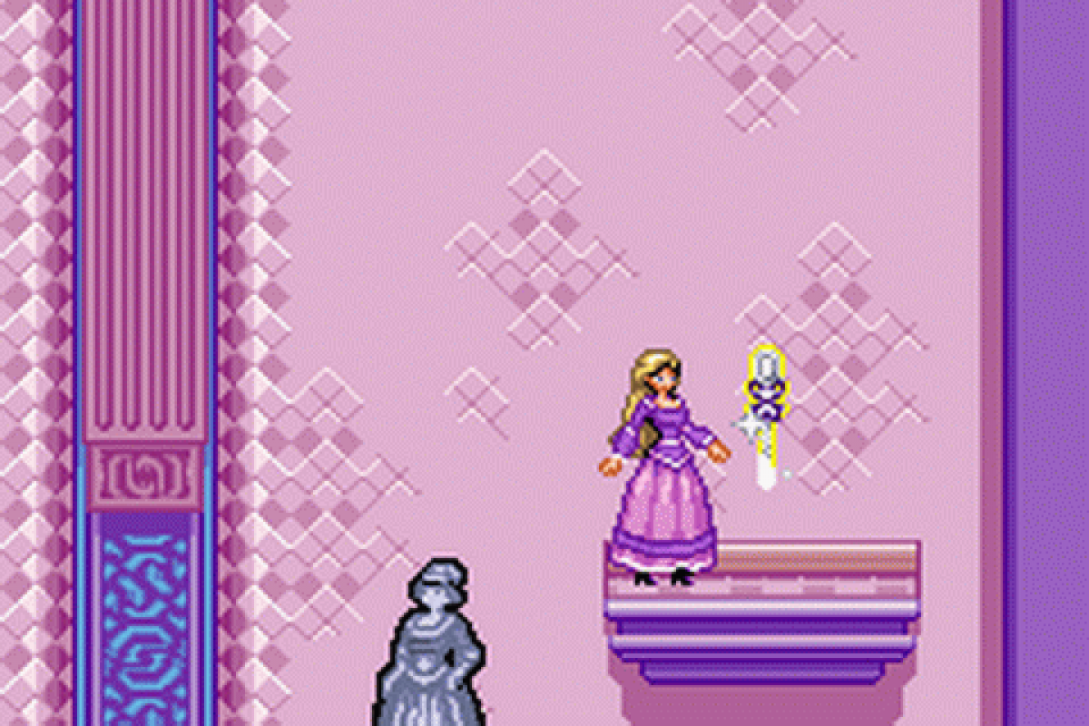 Barbie and the Magic of Pegasus for Game Boy Advance (GBA), gameplay for a retro video game featuring fantasy adventure gameplay, horse riding challenges, puzzle-solving, magical environments, and movie-inspired action