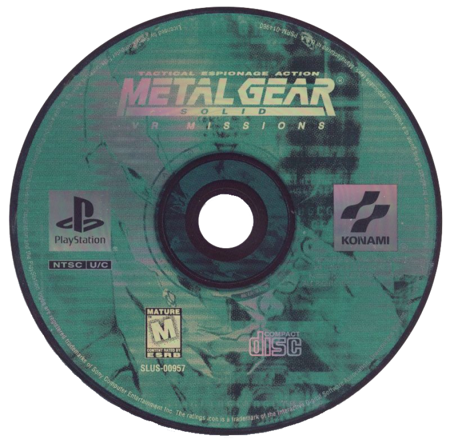 Metal Gear Solid VR Missions Sony PlayStation PS1 video game featuring tactical stealth gameplay Solid Snake virtual reality training missions weapon challenges enemy encounters stealth exercises combat scenarios target practice and classic 32 bit PlayStation gameplay retro video game collection collectible gaming appeal game disc