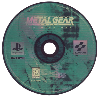 Metal Gear Solid VR Missions Sony PlayStation PS1 video game featuring tactical stealth gameplay Solid Snake virtual reality training missions weapon challenges enemy encounters stealth exercises combat scenarios target practice and classic 32 bit PlayStation gameplay retro video game collection collectible gaming appeal game disc