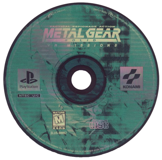Metal Gear Solid VR Missions Sony PlayStation PS1 video game featuring tactical stealth gameplay Solid Snake virtual reality training missions weapon challenges enemy encounters stealth exercises combat scenarios target practice and classic 32 bit PlayStation gameplay retro video game collection collectible gaming appeal game disc