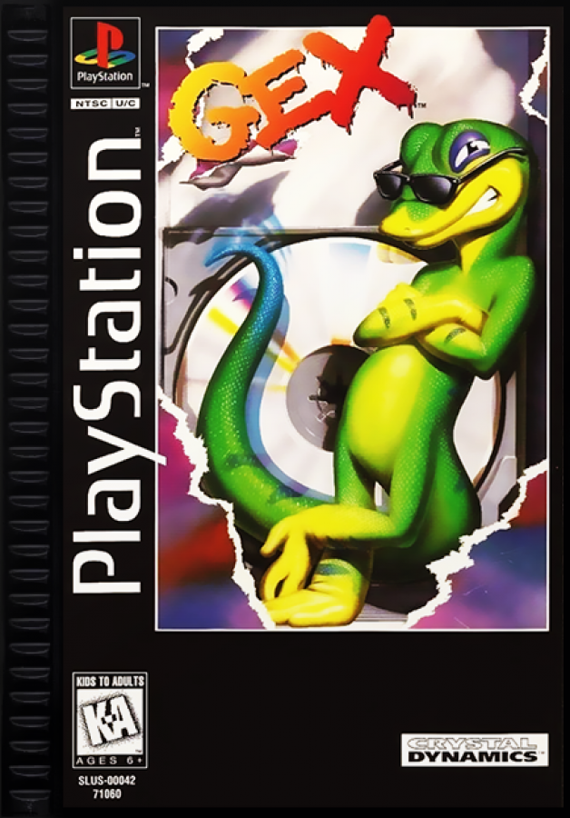 Gex [Long Box] for PlayStation 1 (PS1) at Gamers INC, featuring Crystal Dynamics' iconic 2D platformer in its rare, collectible early-release "Long Box" packaging; enter the Media Dimension as the wisecracking, TV-obsessed gecko Gex to defeat the evil Rez across parody-filled worlds inspired by classic cinema and television, utilizing tail-whips, wall-crawling abilities, and the unmistakable voice of Dana Gould in this definitive 32-bit mascot debut front box