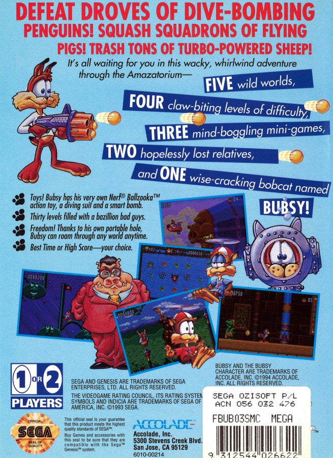 Bubsy II back cover art for Sega Genesis (GEN) video game