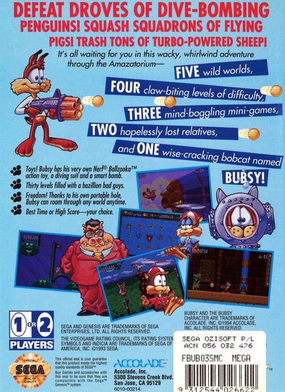 Bubsy II back cover art for Sega Genesis (GEN) video game