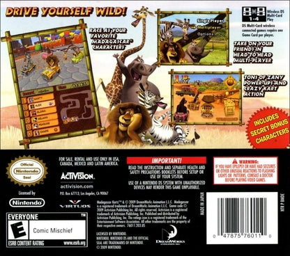 Madagascar Kartz Nintendo DS DS video game featuring kart racing gameplay Madagascar animated movie characters Alex Marty Gloria Melman and penguin racers colorful race tracks wild obstacle courses power ups speed boosts drifting stunts competitive racing cups multiplayer challenges and family friendly arcade driving action classic Nintendo DS handheld gaming retro video game collection collectible gaming appeal back cover art