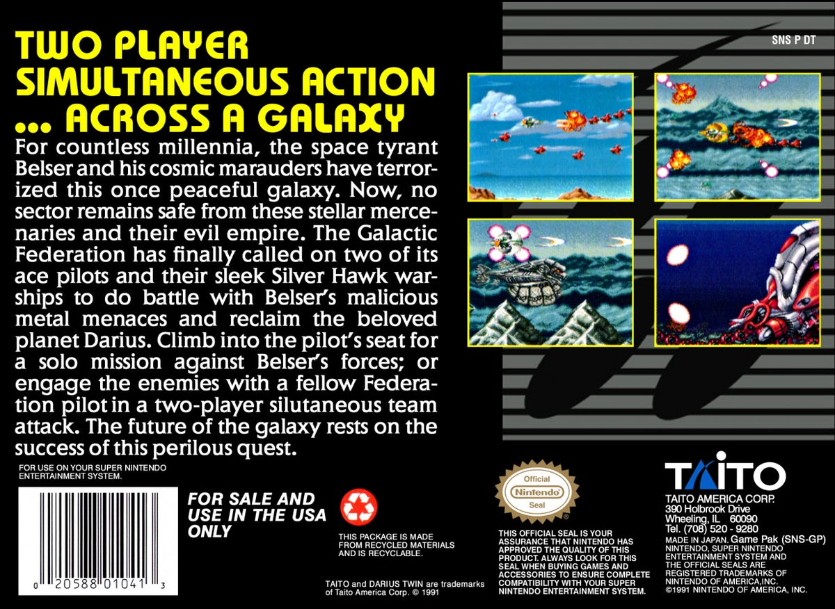 Darius Twin Super Nintendo Entertainment System SNES retro video game shoot em up action featuring side scrolling space combat challenging enemy waves powerful weapons futuristic spacecraft gameplay classic 16 bit graphics Super Nintendo gaming experience retro game collection appeal back cover art