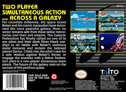 Darius Twin Super Nintendo Entertainment System SNES retro video game shoot em up action featuring side scrolling space combat challenging enemy waves powerful weapons futuristic spacecraft gameplay classic 16 bit graphics Super Nintendo gaming experience retro game collection appeal back cover art
