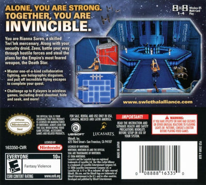 Star Wars Lethal Alliance for Nintendo DS (DS), back of case for a retro video game featuring action-adventure gameplay, blaster combat, stealth mechanics, character-based missions, and sci-fi story-driven battles