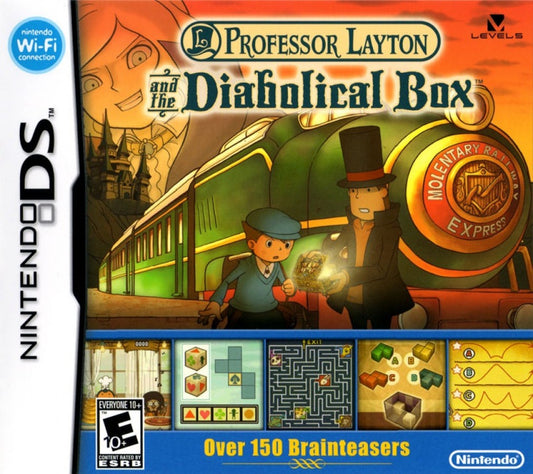Professor Layton and the Diabolical Box Nintendo DS game featuring puzzle-solving adventure gameplay and story-driven mystery front coveer