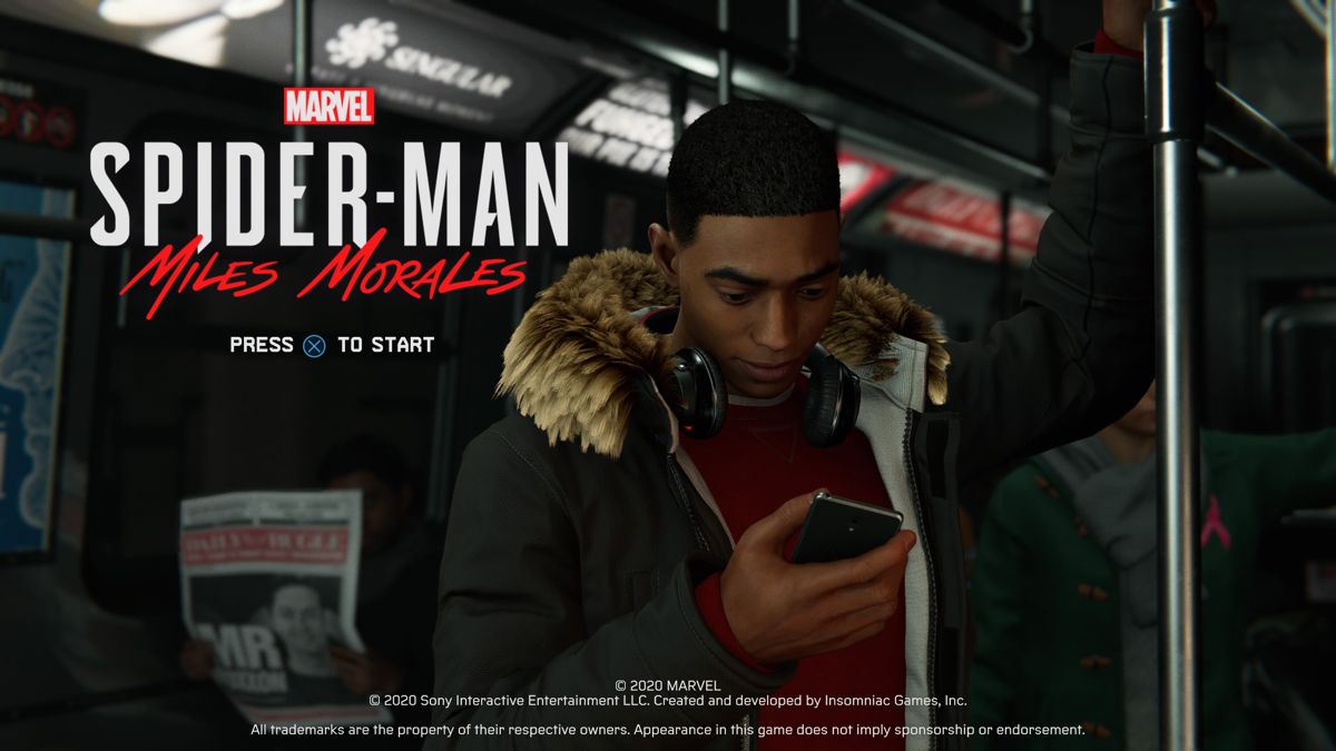 Marvel Spider-Man: Miles Morales – PlayStation 4 (PS4) video game start screen, action adventure game