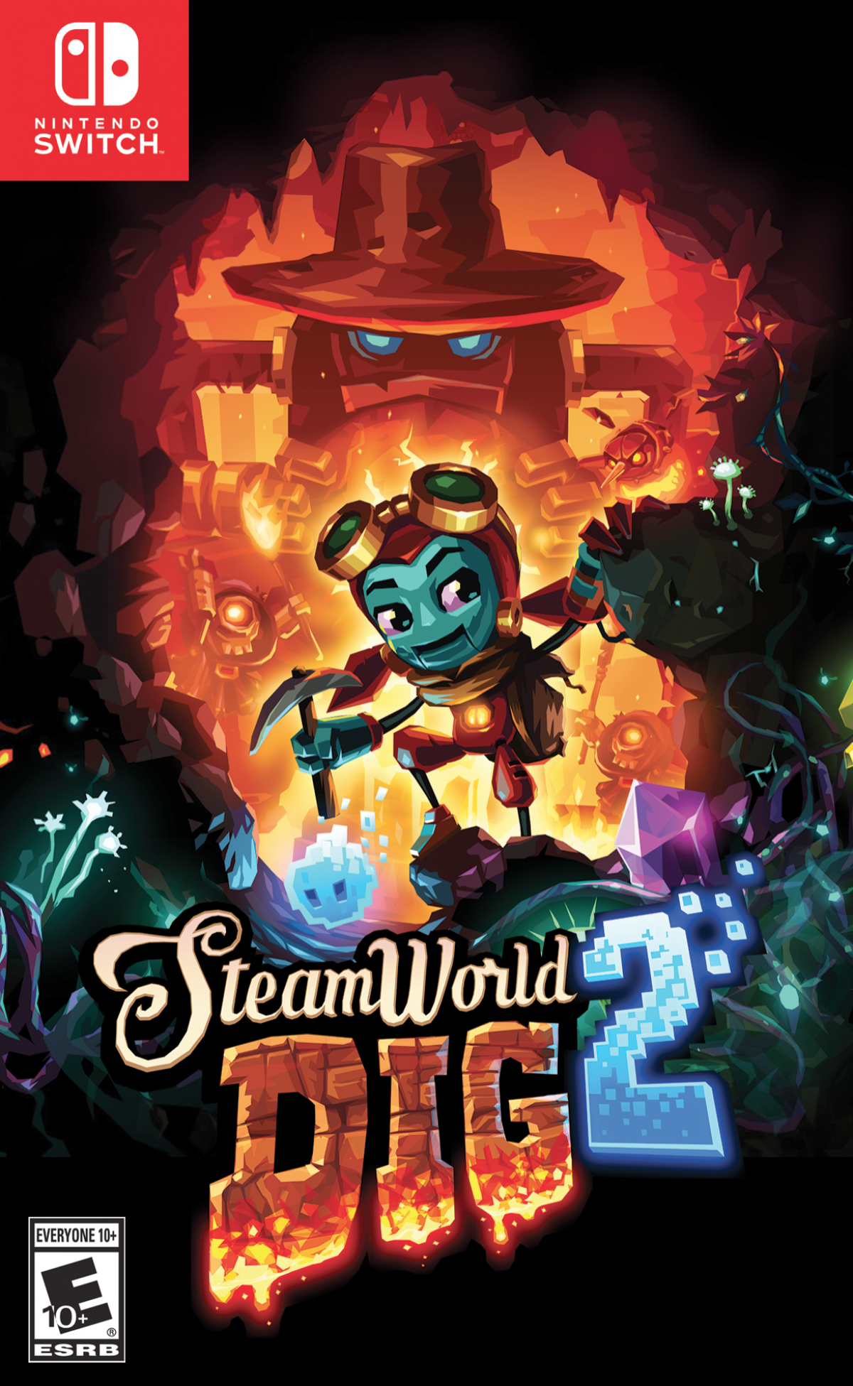 SteamWorld Dig 2 Nintendo Switch inspired design featuring action platform mining adventure aesthetic underground exploration treasure hunting upgrades and abilities handcrafted steampunk world challenging puzzles metroidvania progression and charming robotic hero gameplay presentation cover art