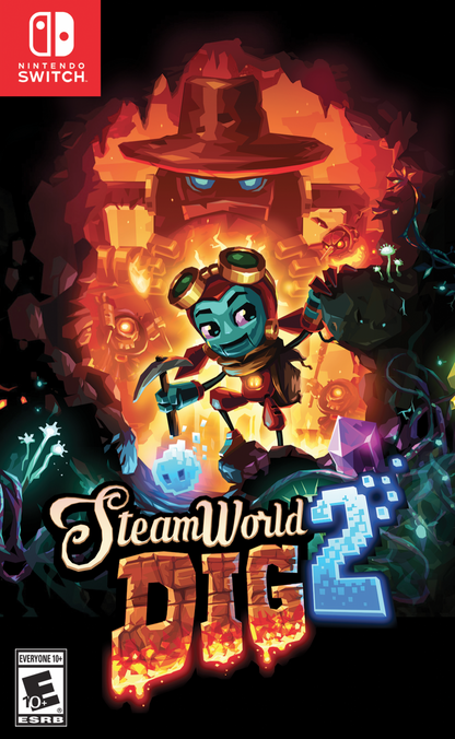 SteamWorld Dig 2 Nintendo Switch inspired design featuring action platform mining adventure aesthetic underground exploration treasure hunting upgrades and abilities handcrafted steampunk world challenging puzzles metroidvania progression and charming robotic hero gameplay presentation cover art