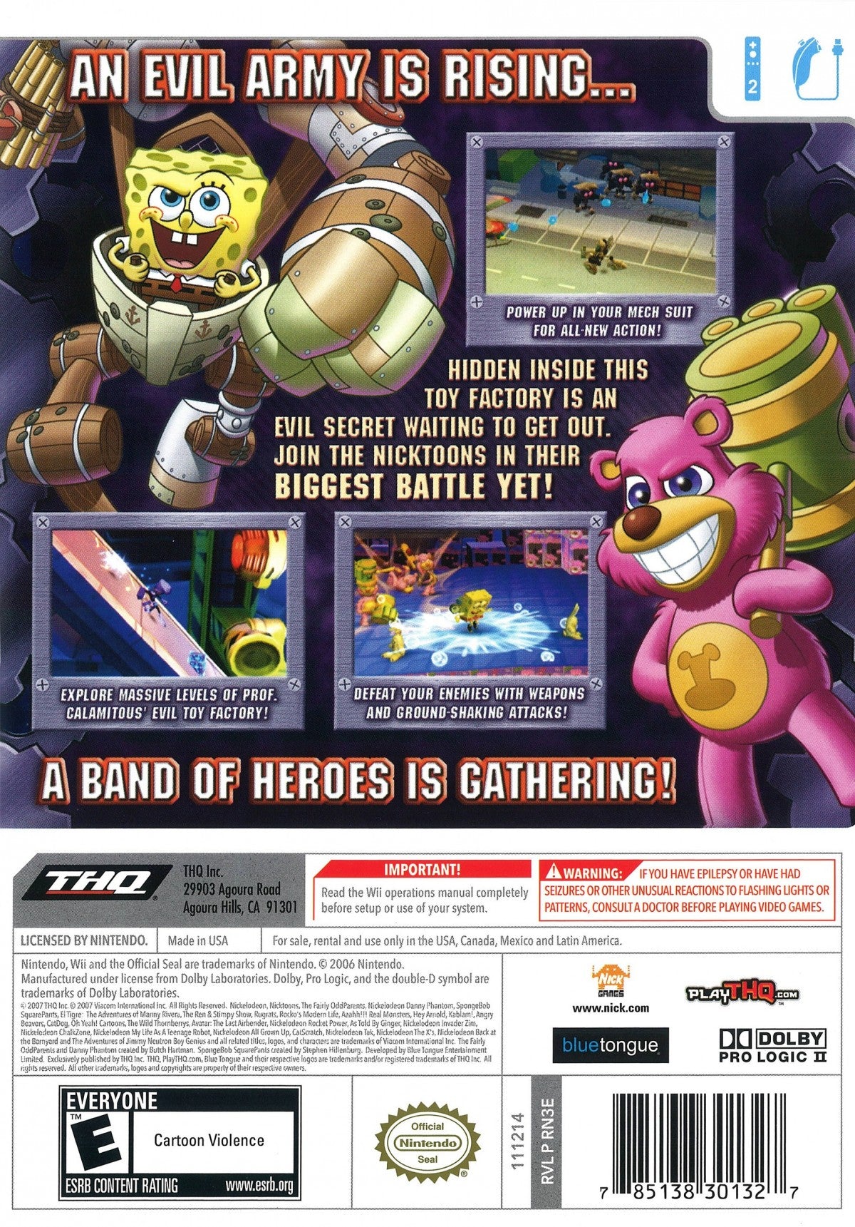 SpongeBob SquarePants: Attack of the Toybots Nintendo Wii for action platforming video game fans featuring SpongeBob and Bikini Bottom characters toy robot enemies colorful environments side scrolling gameplay collectible items boss battles motion controls and family friendly Nickelodeon adventure collectible gaming appeal back cover art