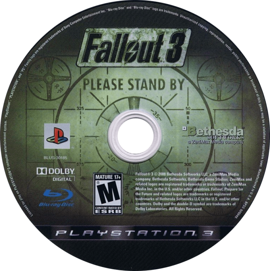 Fallout 3 for PlayStation 3 (PS3) featuring a massive open-world RPG set in the post-apocalyptic ruins of Washington, D.C., where you emerge from Vault 101 to search for your father; utilize the tactical V.A.T.S. combat system, make world-altering moral choices, and explore the dangerous Capital Wasteland in this definitive survival experience that reimagined the Fallout series disc