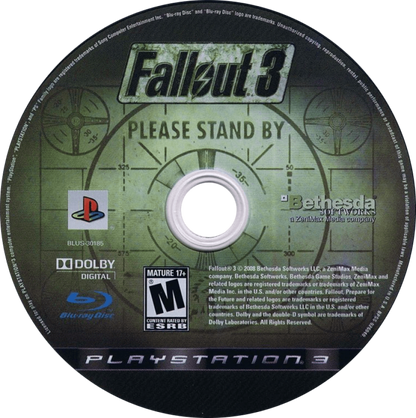 Fallout 3 for PlayStation 3 (PS3) featuring a massive open-world RPG set in the post-apocalyptic ruins of Washington, D.C., where you emerge from Vault 101 to search for your father; utilize the tactical V.A.T.S. combat system, make world-altering moral choices, and explore the dangerous Capital Wasteland in this definitive survival experience that reimagined the Fallout series disc