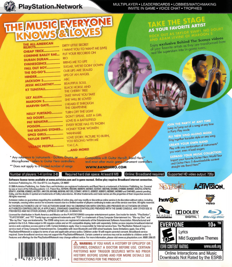Band Hero back cover art for PlayStation 3 (PS3) video game