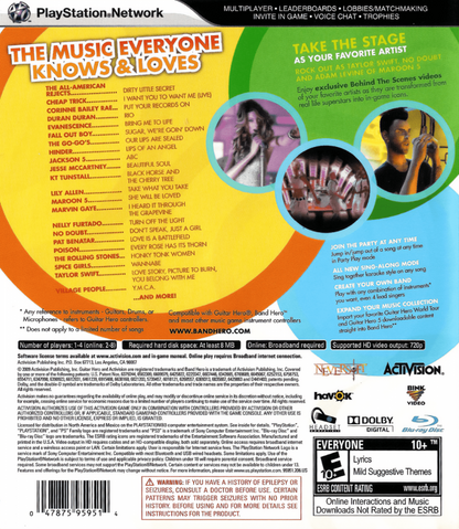 Band Hero back cover art for PlayStation 3 (PS3) video game