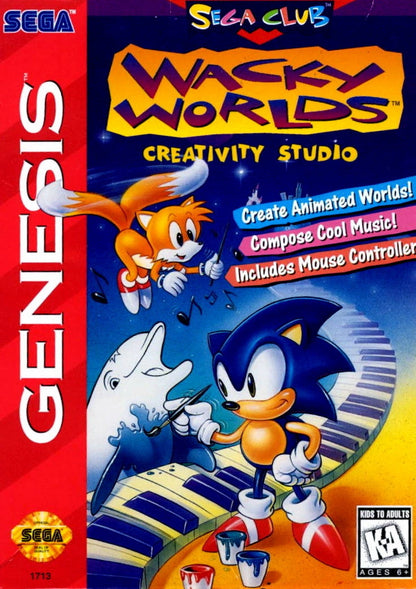 Wacky Worlds Creativity Studio Sega Genesis for retro video game enthusiasts featuring creative art and drawing gameplay digital coloring tools animated stickers imaginative scene creation family friendly educational entertainment classic console creativity and collectible gaming appeal front cover