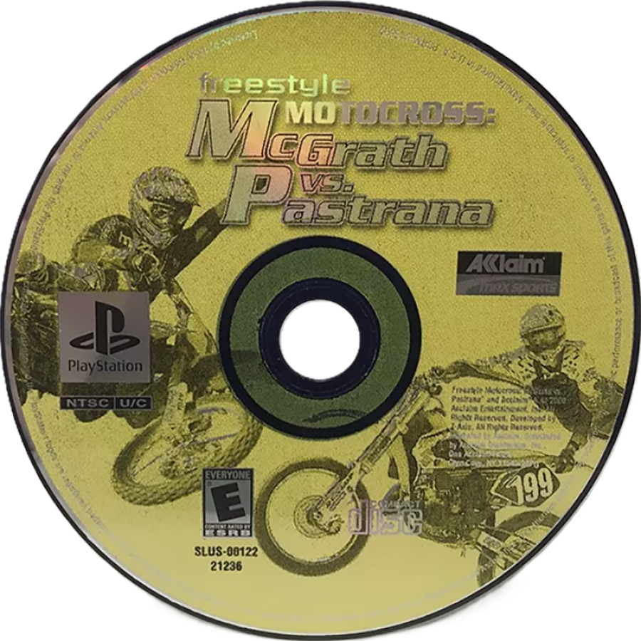 Freestyle Motocross McGrath vs. Pastrana PlayStation 1 PS1 video game, motocross racing and freestyle stunts, extreme sports action, classic console title disc